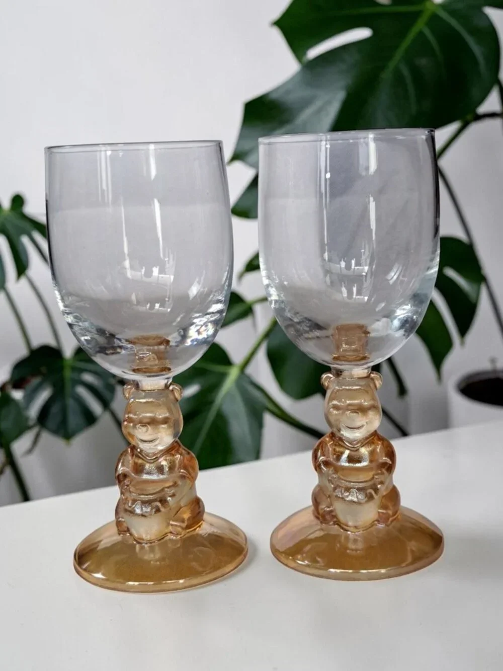 Vintage Lot Of 2 Disney 3D Winnie the Pooh Base Goblet Wine Glass Amber Stemware